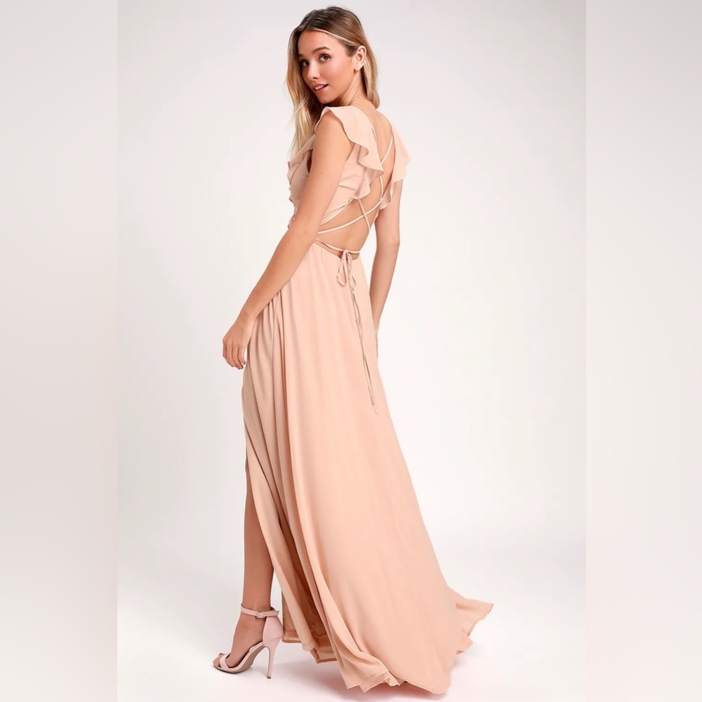 Lulus Feel the Rush Blush Ruffled Lace-Up Backless Maxi Dress XS